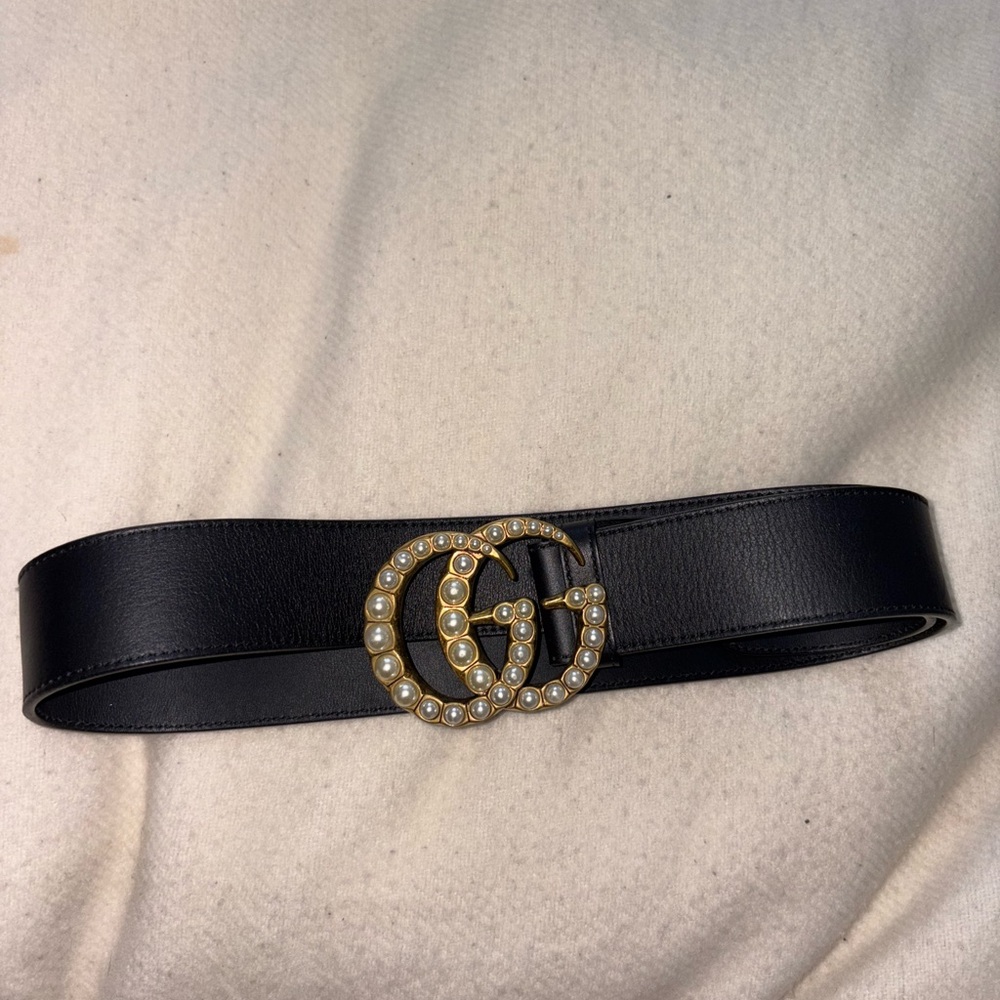 Gucci Moon Calfskin Pearl Double G 40mm Belt 75 30 Black Cream - Picture 3 of 10